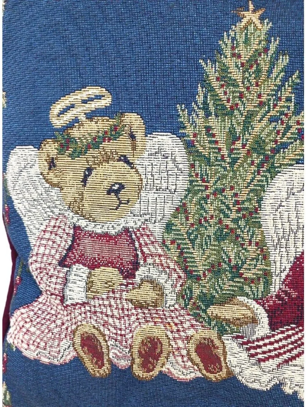 Holiday Tapestry Throw Pillow Two Angel Bears Tree 17 Inch VTG #D8